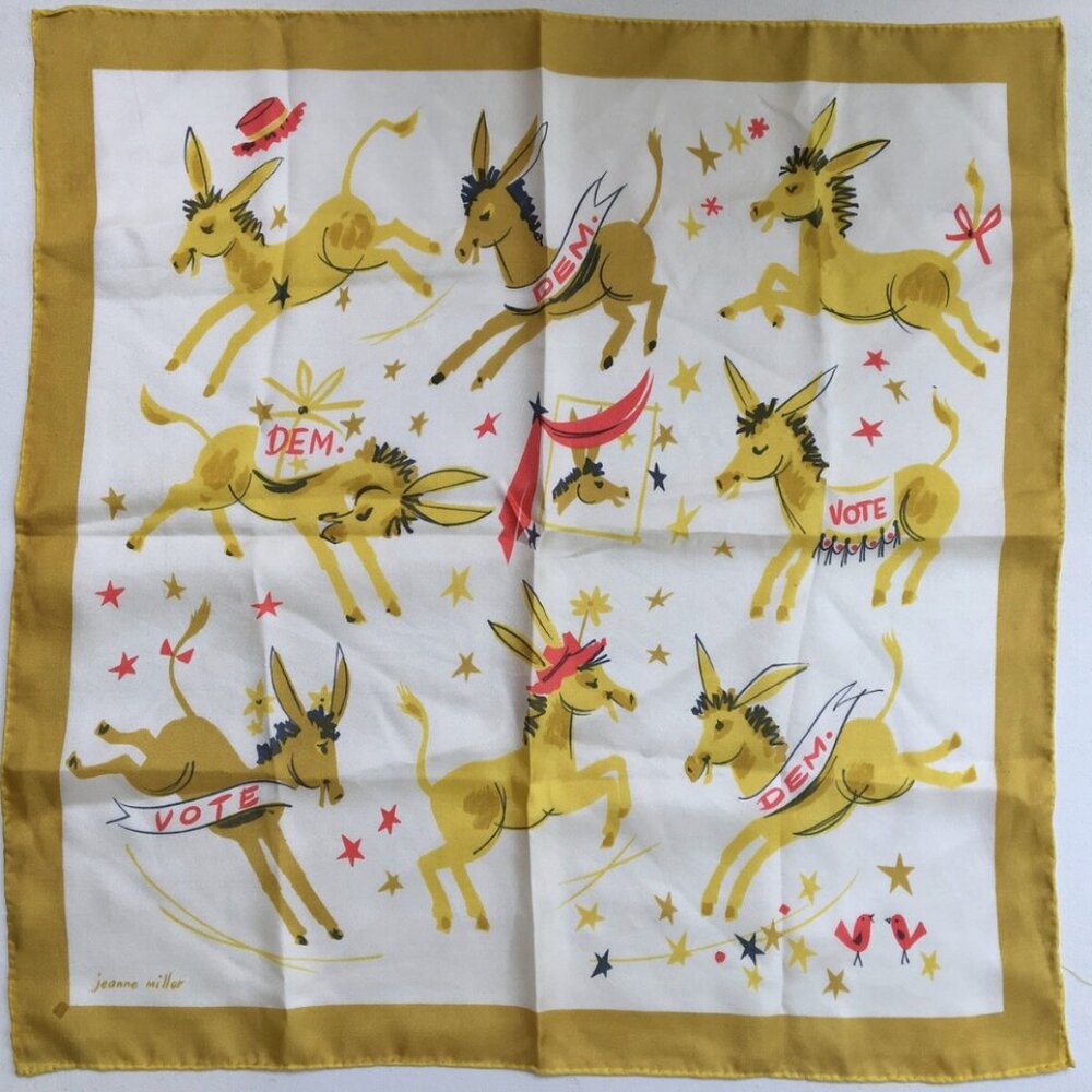 50's Jeanne Miller Democratic Silk Scarf, Vintage Democrat Vote Hankie